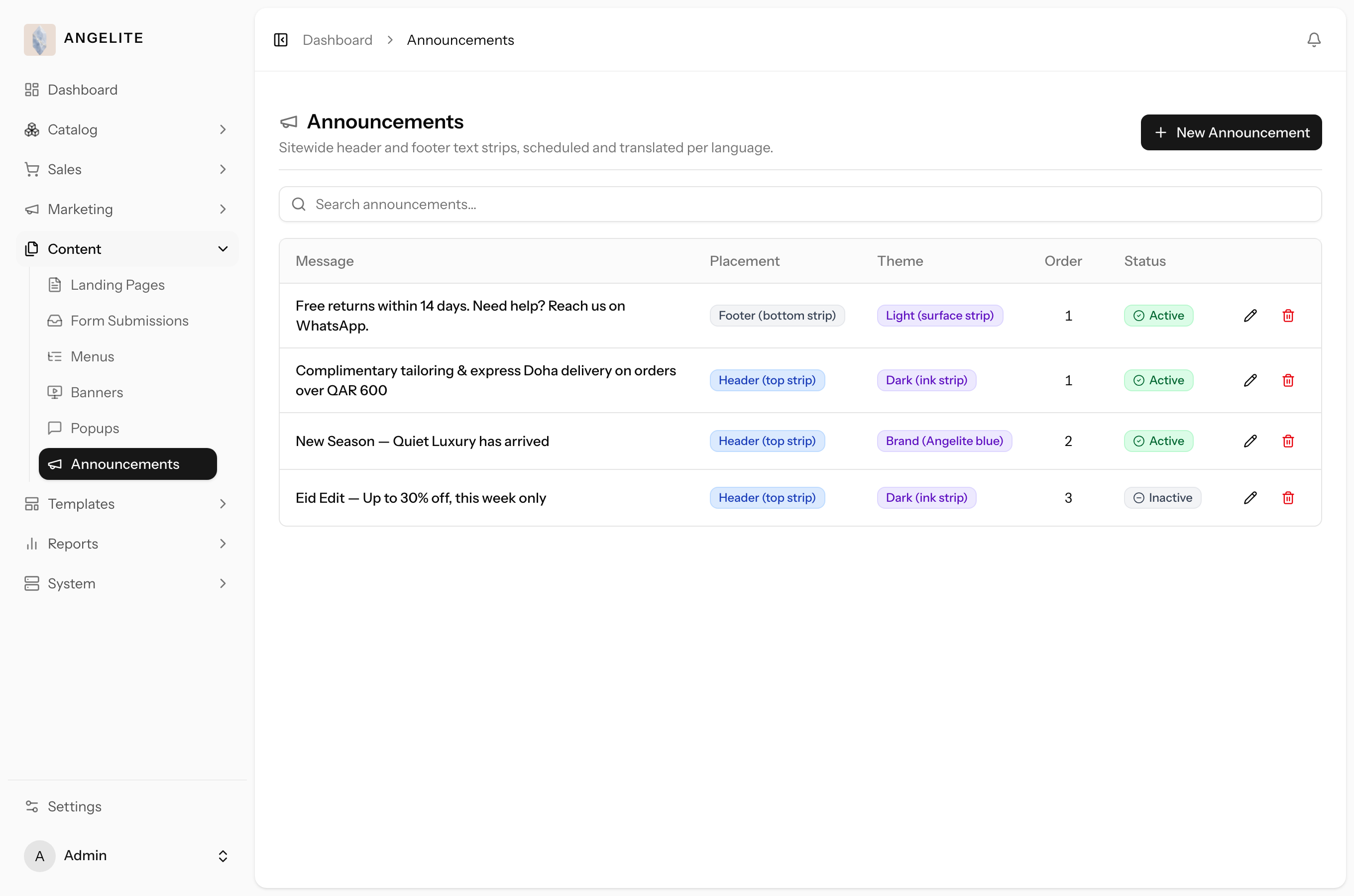 Admin announcements