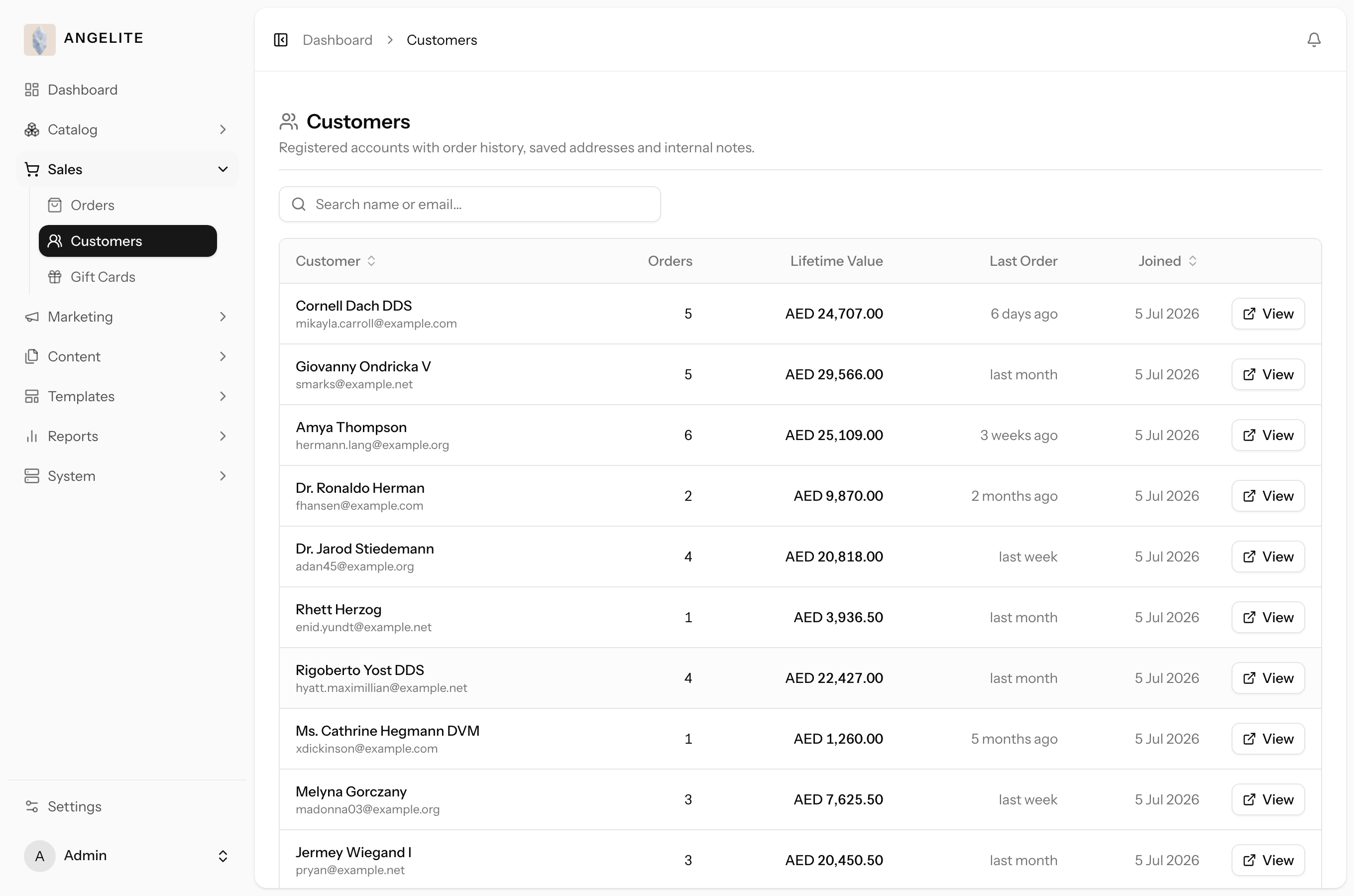 Admin customers list