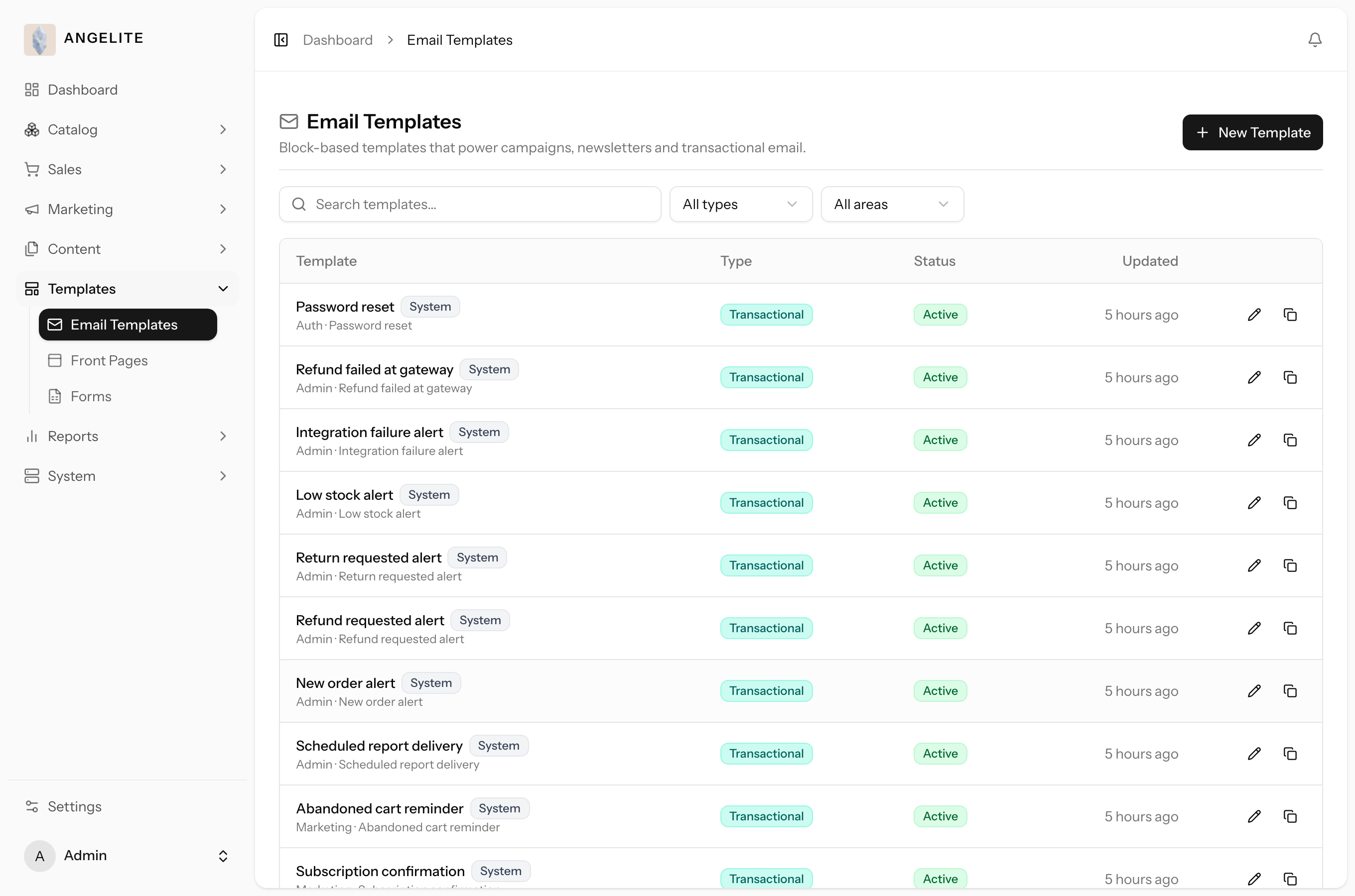Admin email templates list