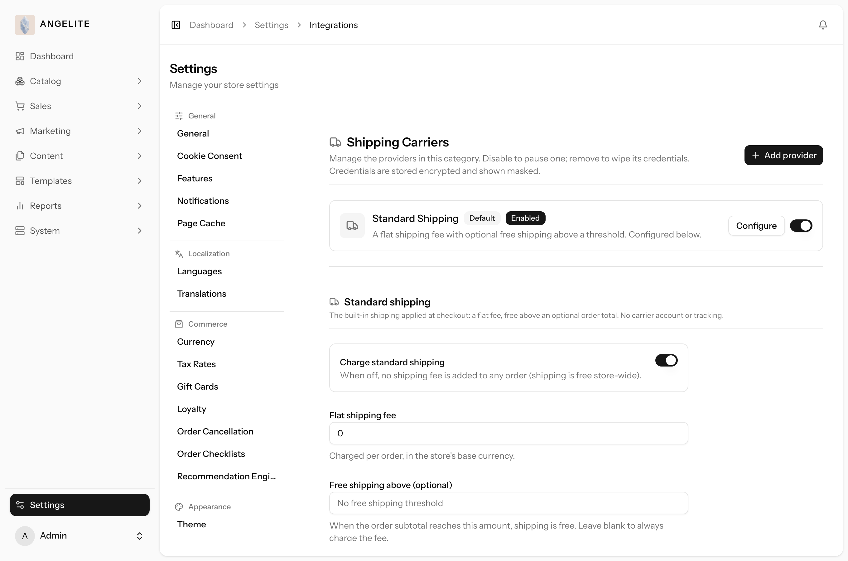 Shipping carriers settings