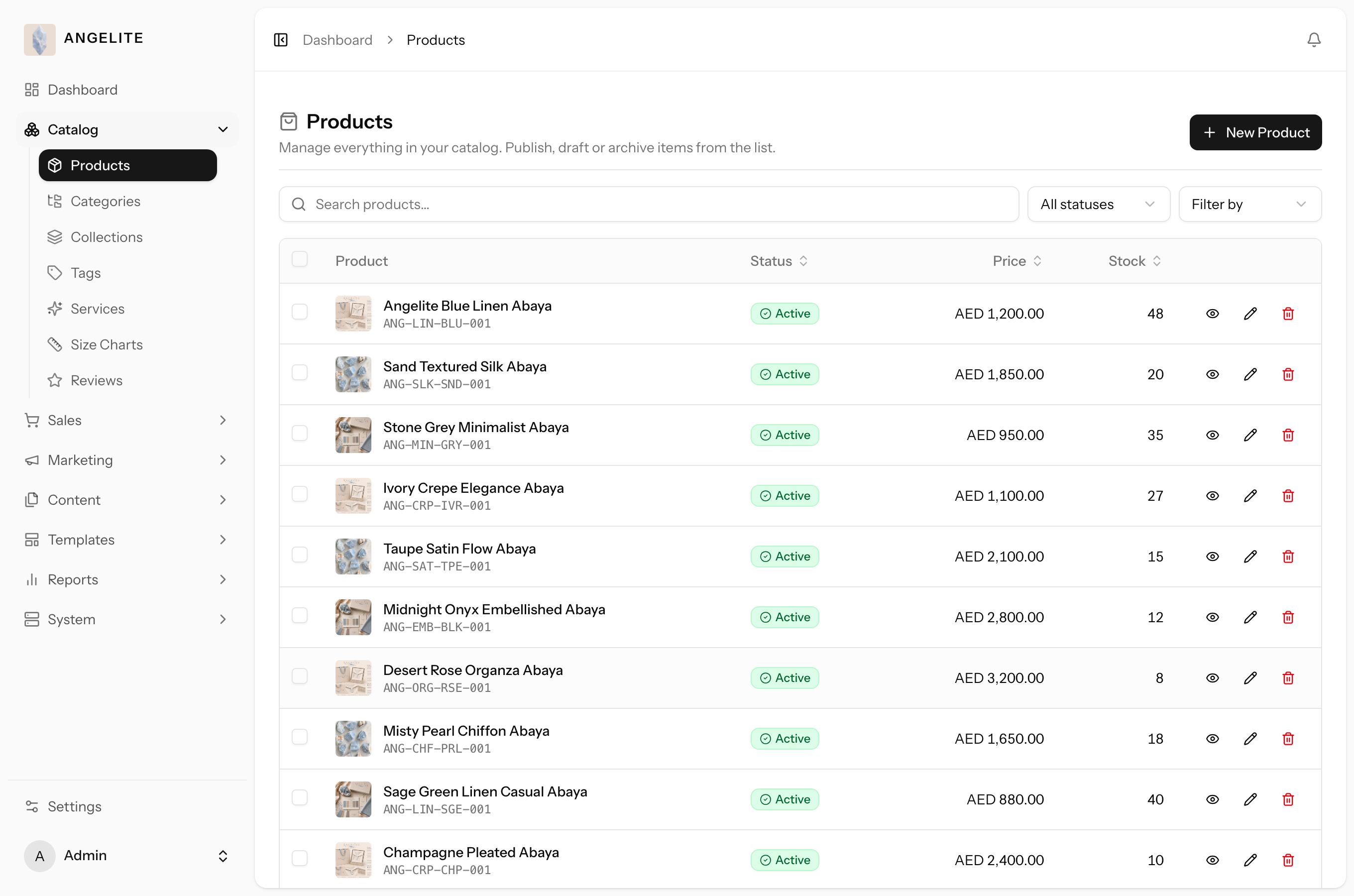 Admin products list