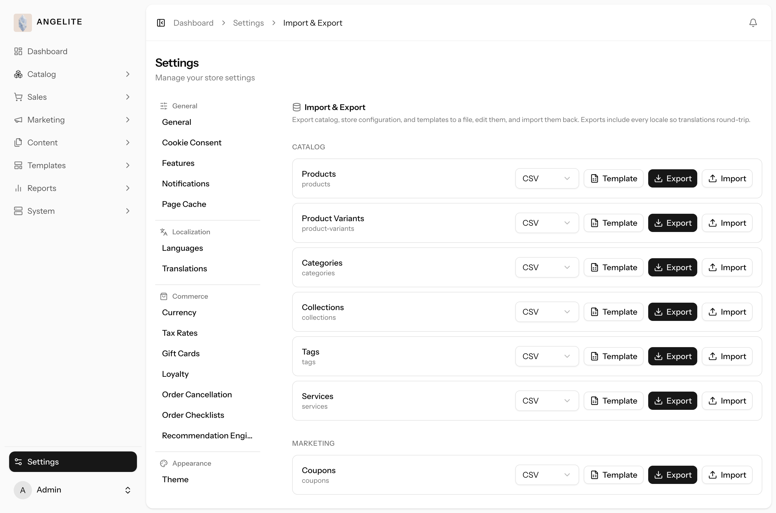 Admin data import and export