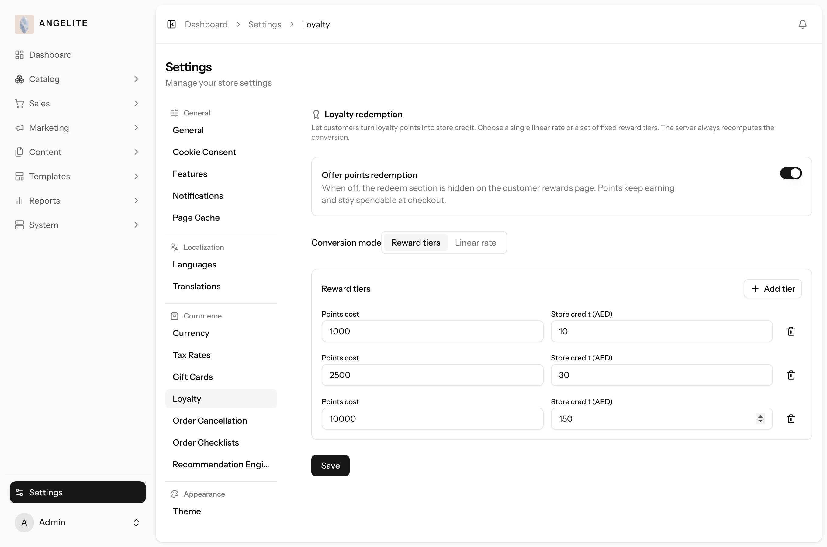 Admin loyalty redemption settings