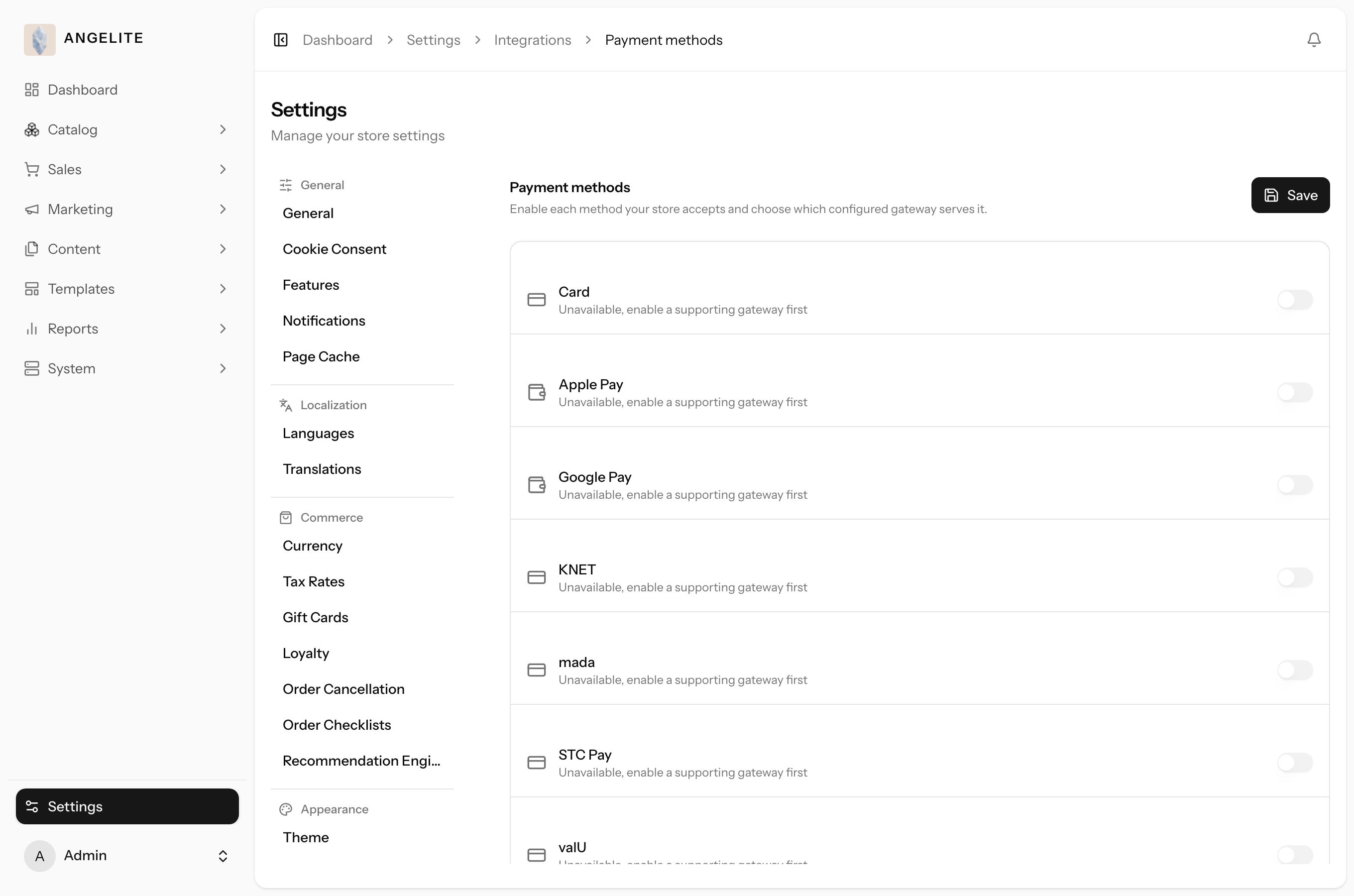 Admin payment methods settings