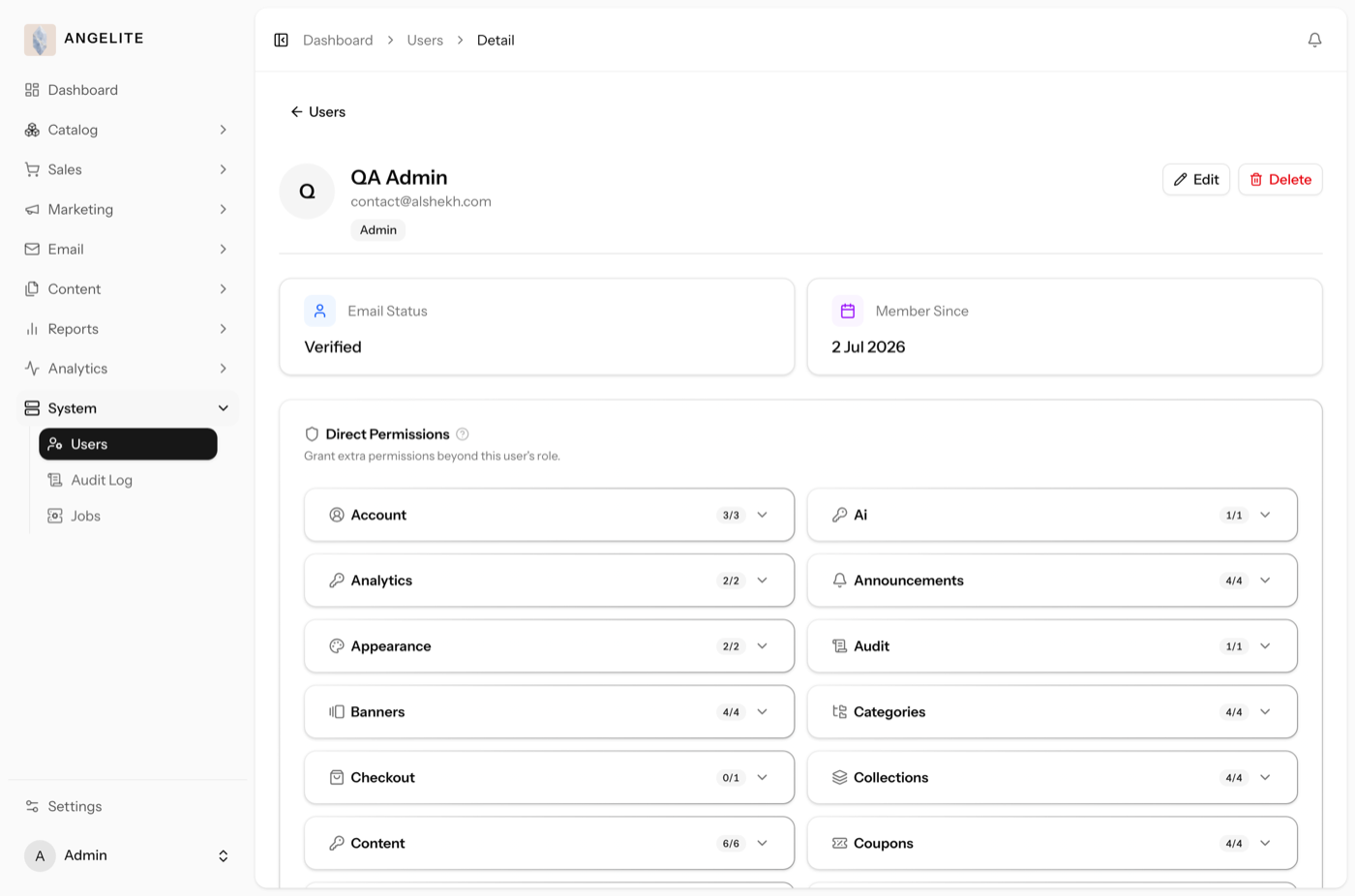 Admin user detail with permission matrix